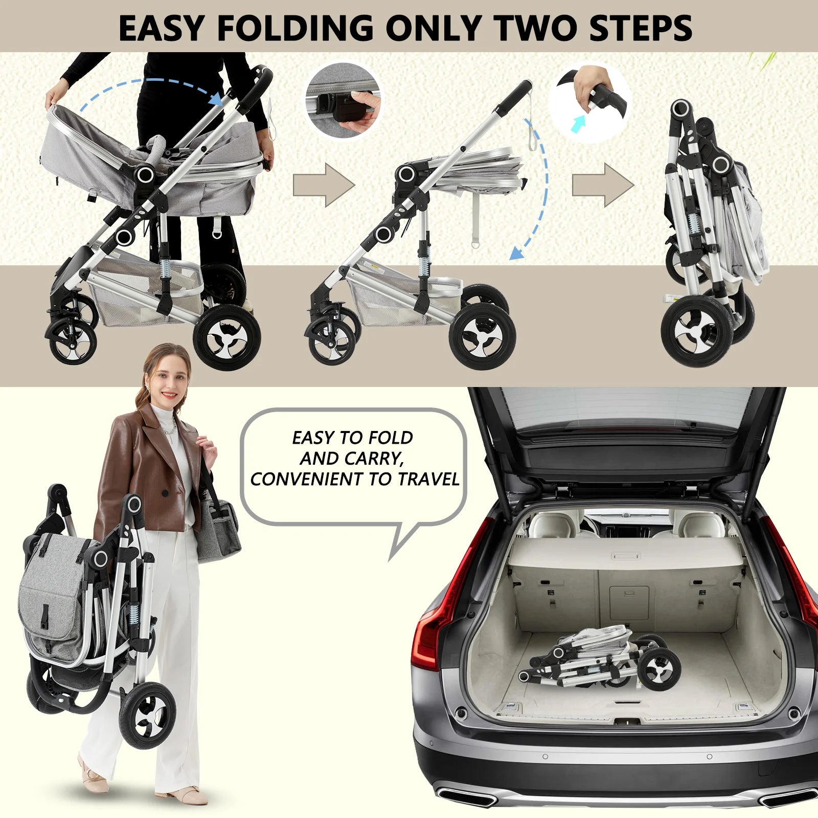 3-in-1 Convertible Baby Stroller with Spacious Seating, Adjustable Canopy, and Lightweight Design in Light Grey
