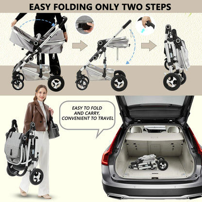 3-in-1 Convertible Baby Stroller with Spacious Seating, Adjustable Canopy, and Lightweight Design in Light Grey