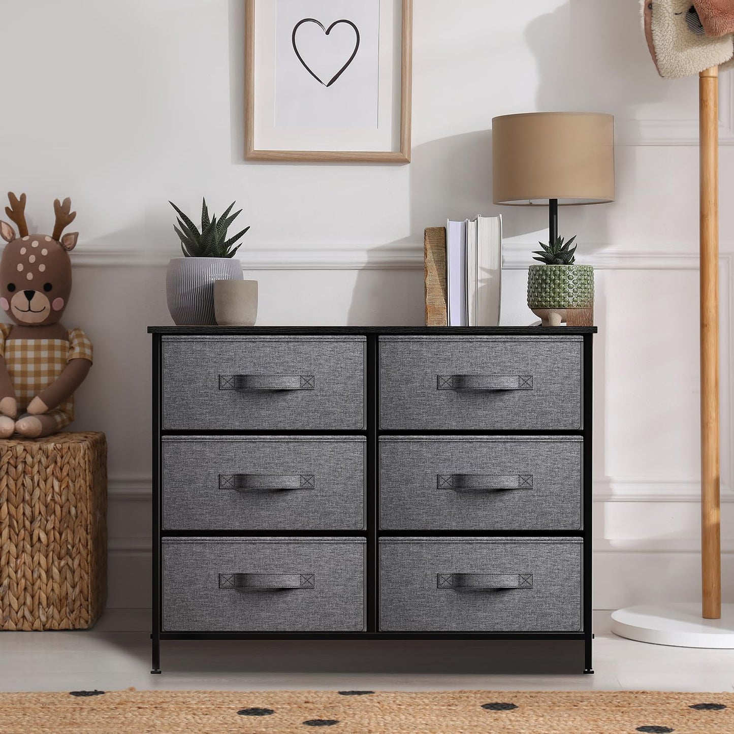 6-Drawer Dresser - Versatile Chest Organizer with Steel Frame, Wooden Top, and Convenient Fabric Bins for Clothing Storage in Bedroom, Hallway, Living Room, Nursery, and Closet