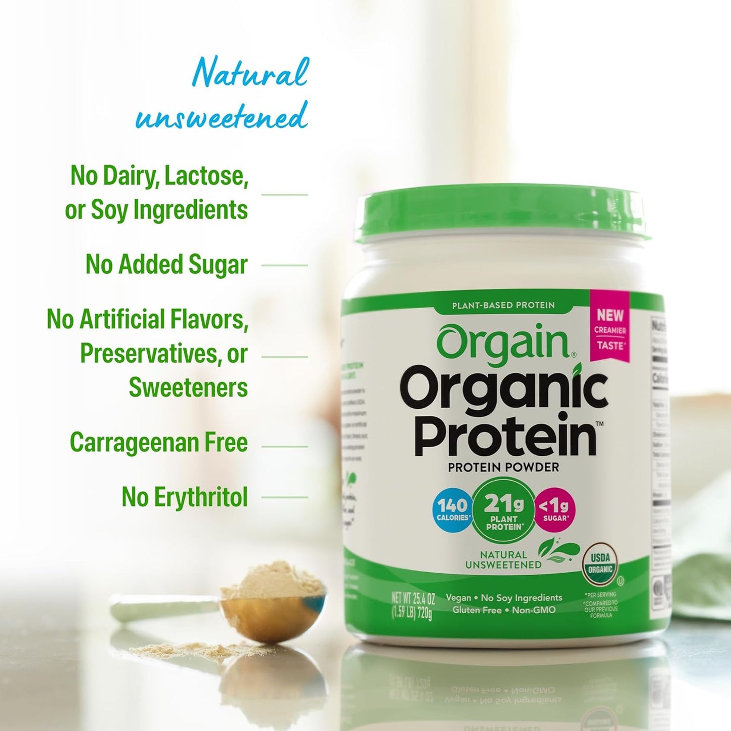 Organic Vegan Protein Powder, Natural Unsweetened - 21G of Plant Protein, 4G Prebiotic Fiber, Low Net Carbs, No Lactose Ingredients, No Added Sugar, Non-Gmo, for Shakes & Smoothies, 1.59 Lb