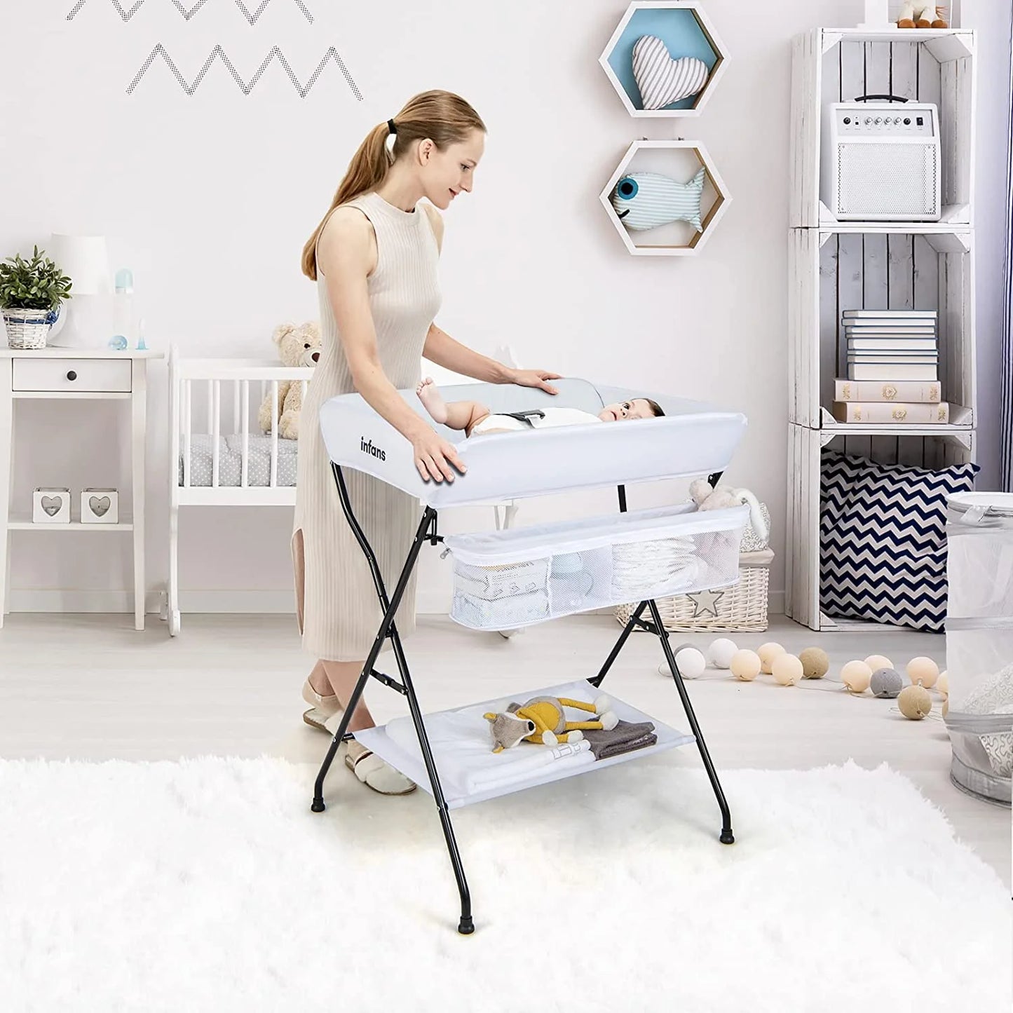 Portable Folding Baby Changing Table with Safety Belt and Spacious Storage Racks for Newborns and Infants (White)