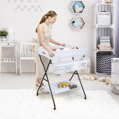 Portable Folding Baby Changing Table with Safety Belt and Spacious Storage Racks for Newborns and Infants (White)