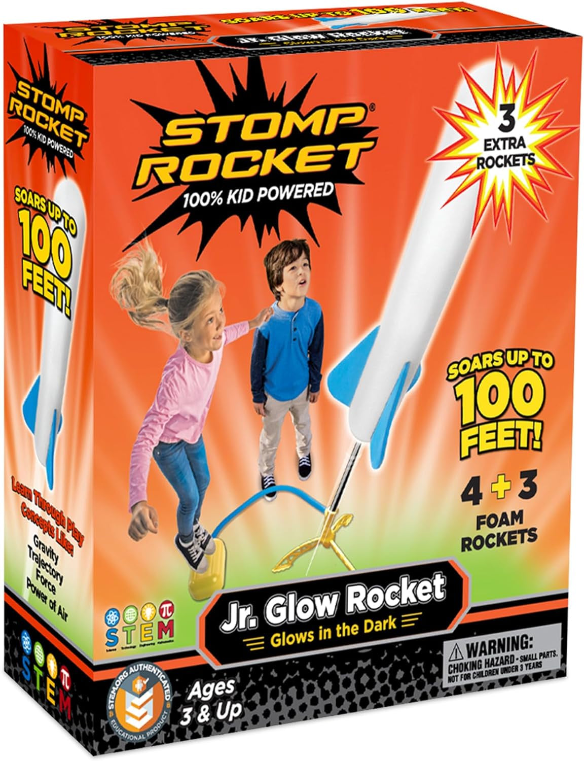 Junior Glow Rocket Launcher with 7 Glow-in-the-Dark Rockets - Outdoor Fun for Kids - Soft Foam Blaster Set with Adjustable Multi-Player Launcher Stand