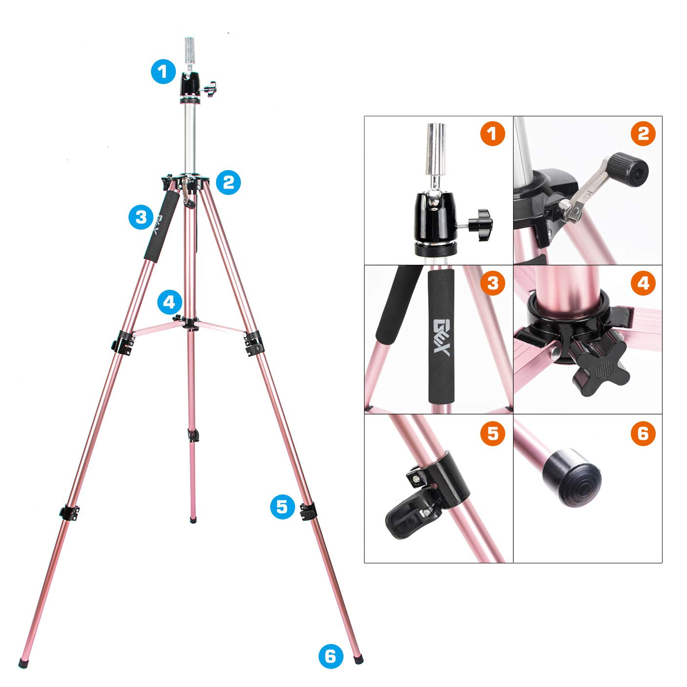 GEX 63" Heavy Duty Mannequin Tripod Stand Wig Stand for Wig Mannequin Head Training Doll Manikin Head for Cosmetology Hairdressing with Travel Bag (Rose Gold)