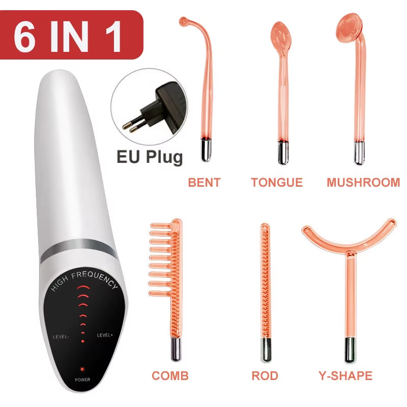 6 in 1 High Frequency Electrode Wand W/Neon Electrotherapy Glass Tube Spot Acne Remover Skin Care Face Hair Salon Beauty Device