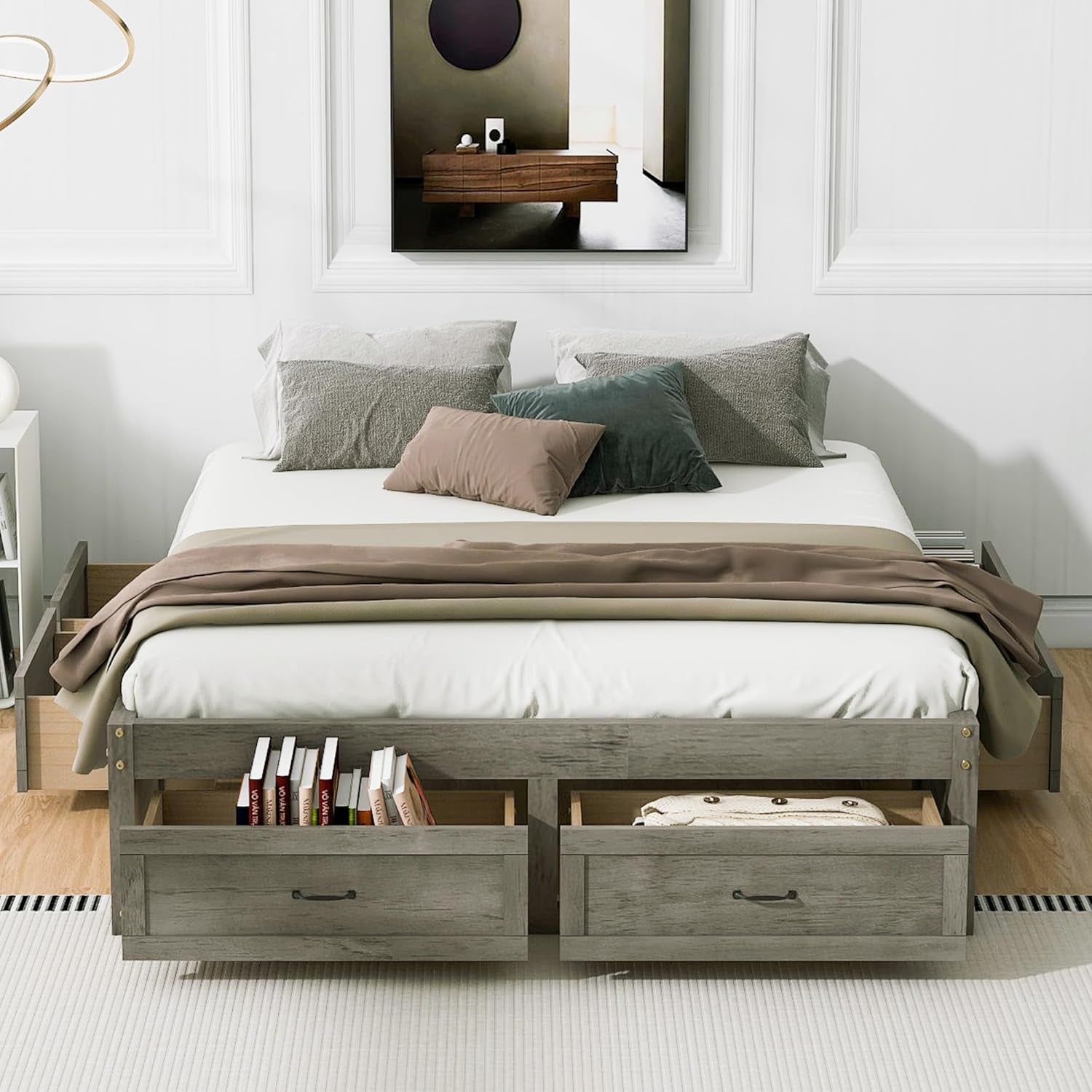 Queen Size Platform Bed, Wooden Queen Bed with 6 Storage Drawers, Antique Gray