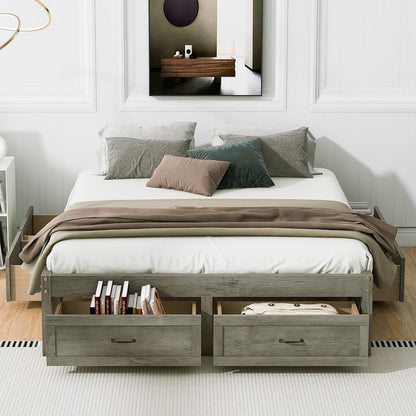Queen Size Platform Bed, Wooden Queen Bed with 6 Storage Drawers, Antique Gray