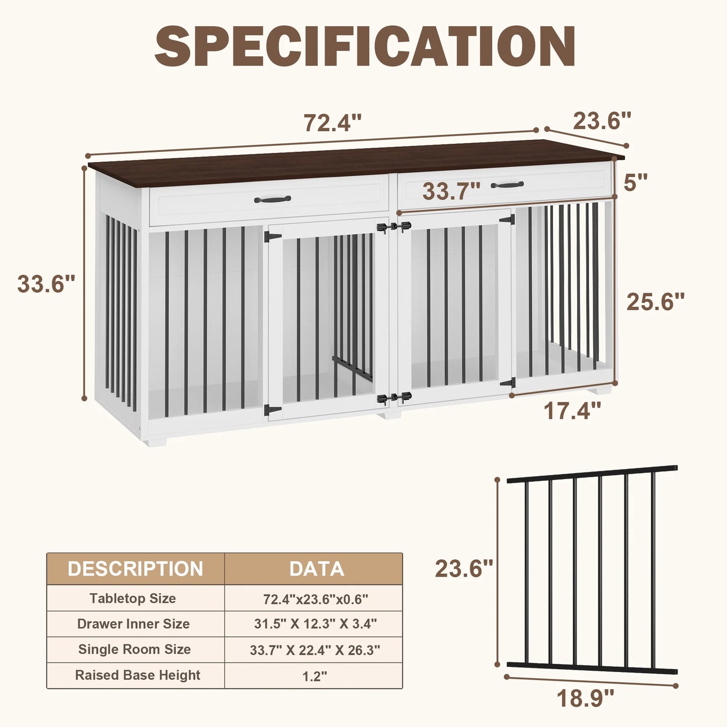 72.4" Large Double Dog Crate Furniture with Divider and 2 Drawers for 2 Medium or Large Dogs