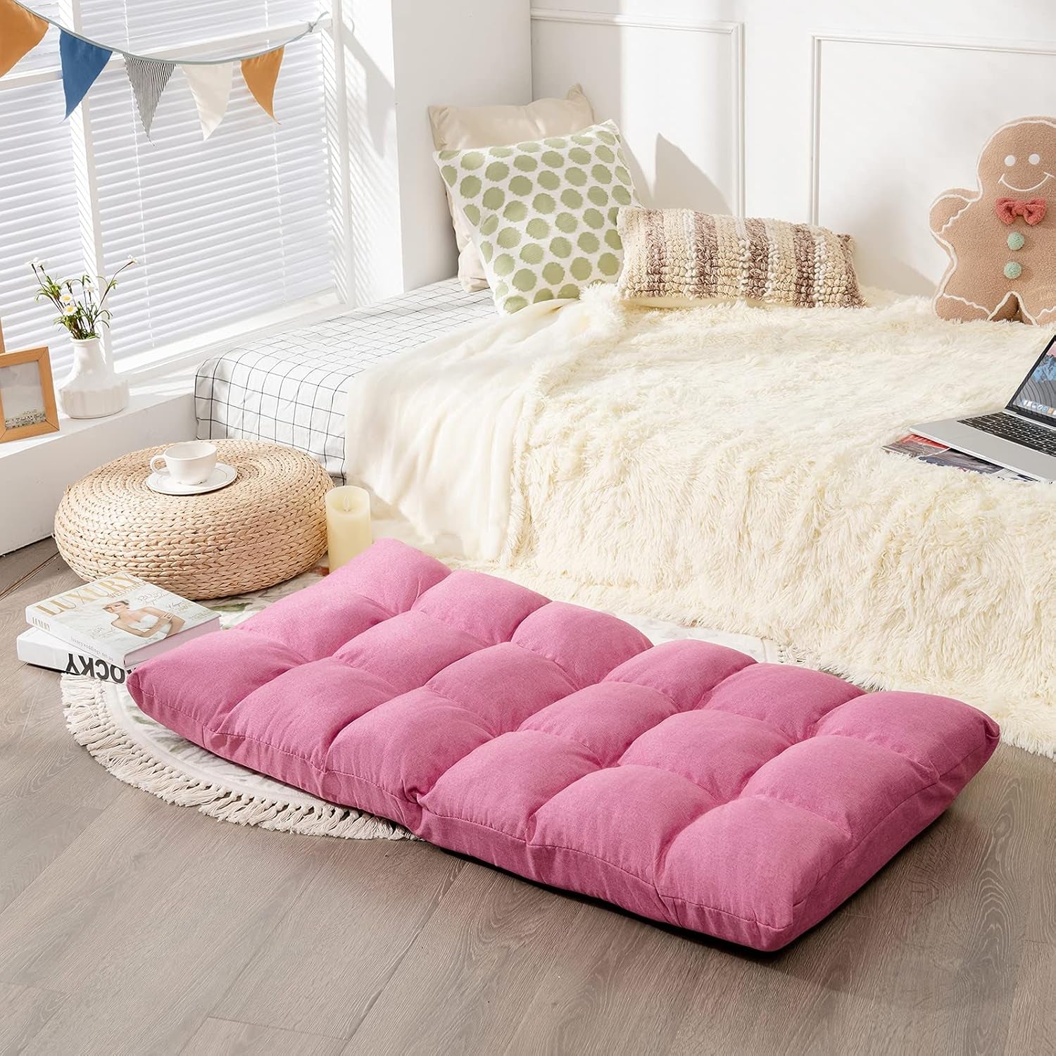 Adjustable 14-Position Gaming Sofa Chair with Cushioned Folding Recliner, High Resilience Sponge, Breathable Cotton and Linen Fabric, Removable Cover - Pink