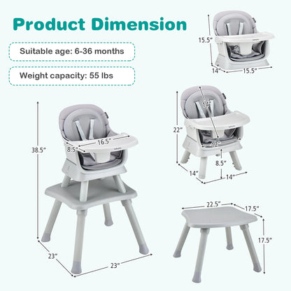 8-in-1 Convertible High Chair and Booster Seat with Removable Tray - Gray