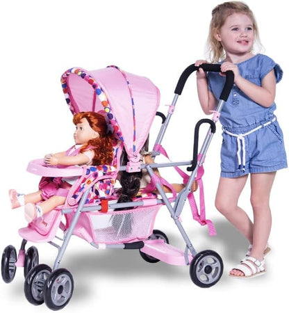 Deluxe Baby Doll Stroller Caboose with Reclining Front Seat, Adjustable Footrest, Storage Basket, Extendable Canopy, and Snack Tray - Accommodates Up to 3 Dolls (Pink Dot)