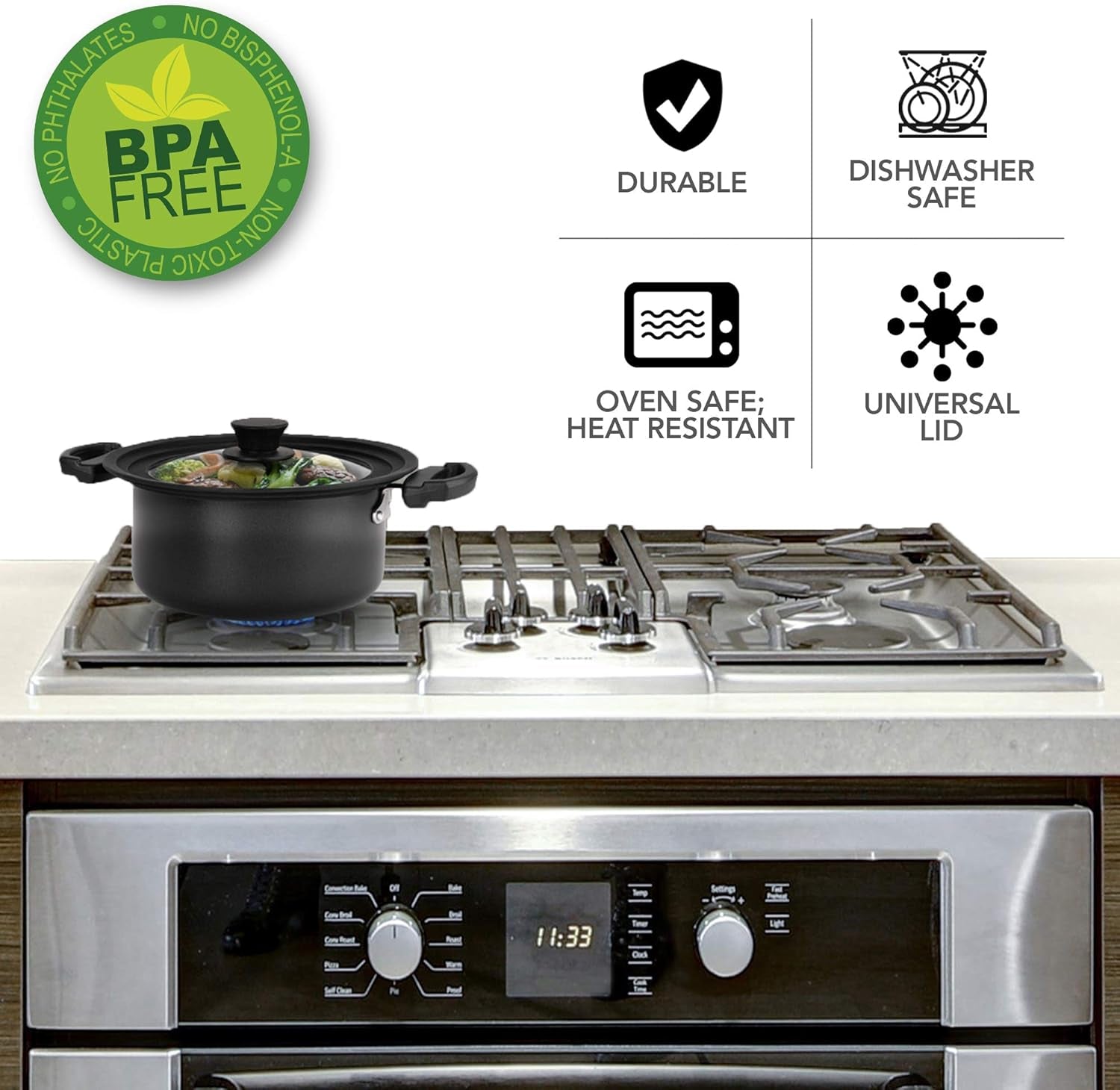 Universal Lids (Set of 2) Fits 7 to 12-Inch Cookware, Silicone Replacement Pan Lid, Glass Top Covers for Skillets, Pots, Frying Pans, Cast Iron, Crockpot - Black