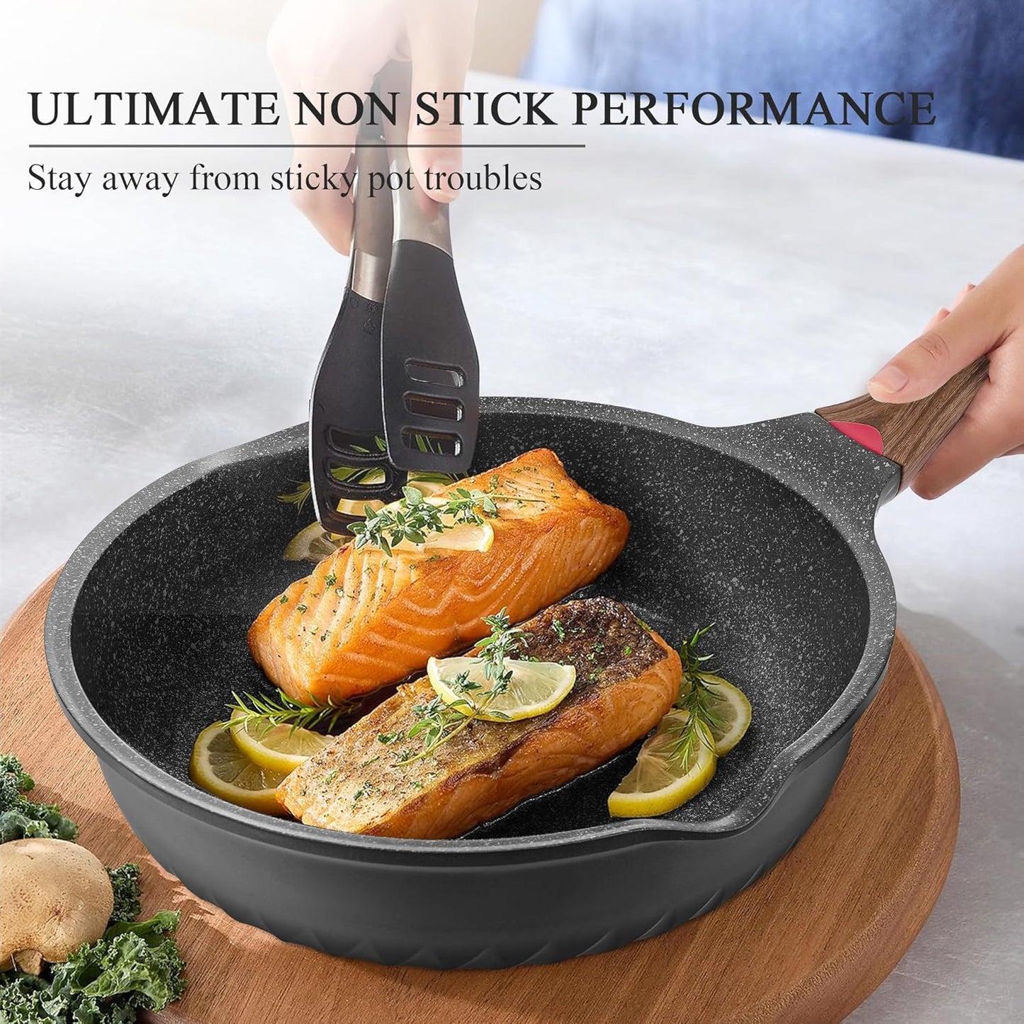 Pots and Pans Set, 12Pcs Nonstick Induction Kitchen Cookware Sets with Stay-Cool Handles, Frying Pans and Saute Pan with Lid, Silicone Cooking Utensil Sets and Pot Protectors, PFAS, PFOA Free