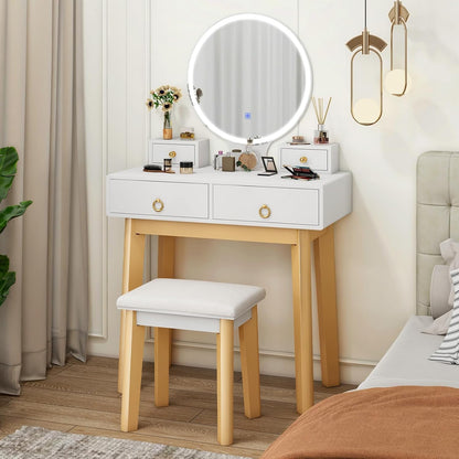Modern White Vanity Desk with Mirror and Adjustable Lighting, Featuring 4 Drawers and Stool for Small Bedrooms
