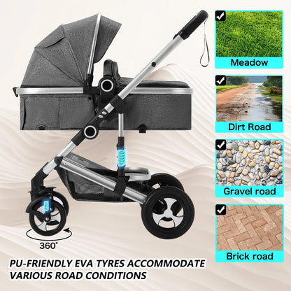 Convertible 3-in-1 Baby Stroller with Spacious Seating and Adjustable Canopy, 24 lbs, Dark Grey