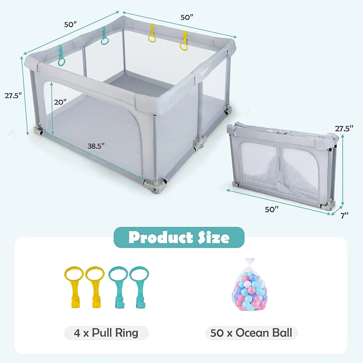 Large Foldable Baby Playpen, 50x50 Playard for Toddlers with Gate, Soft Mesh Design, Indoor/Outdoor Activity Center with 4 Handles and 50 Ocean Balls (Gray)