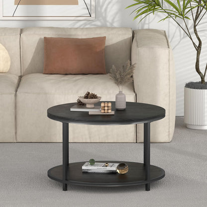Round Coffee Table - 25.6" Small Rustic Wood Design with 2-Tier Storage Shelf for Living Room Furniture (Black)