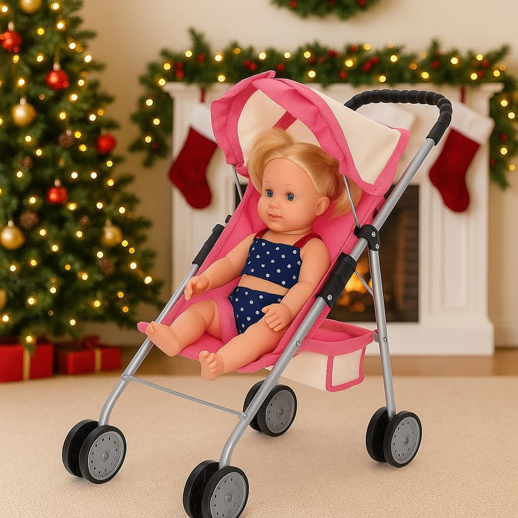 Elegant Doll Stroller with Basket - Pink and Off-White Foldable Stroller for Dolls up to 18 Inches, Featuring Two Complimentary Magic Bottles