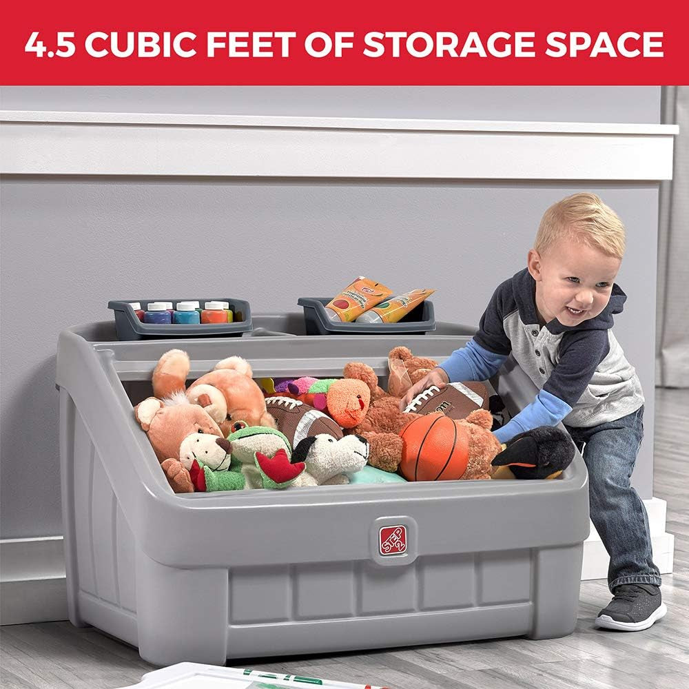 2-in-1 Toy Storage Bin and Art Easel, Durable Plastic Organizer for Toddlers 2+ Years, Gray