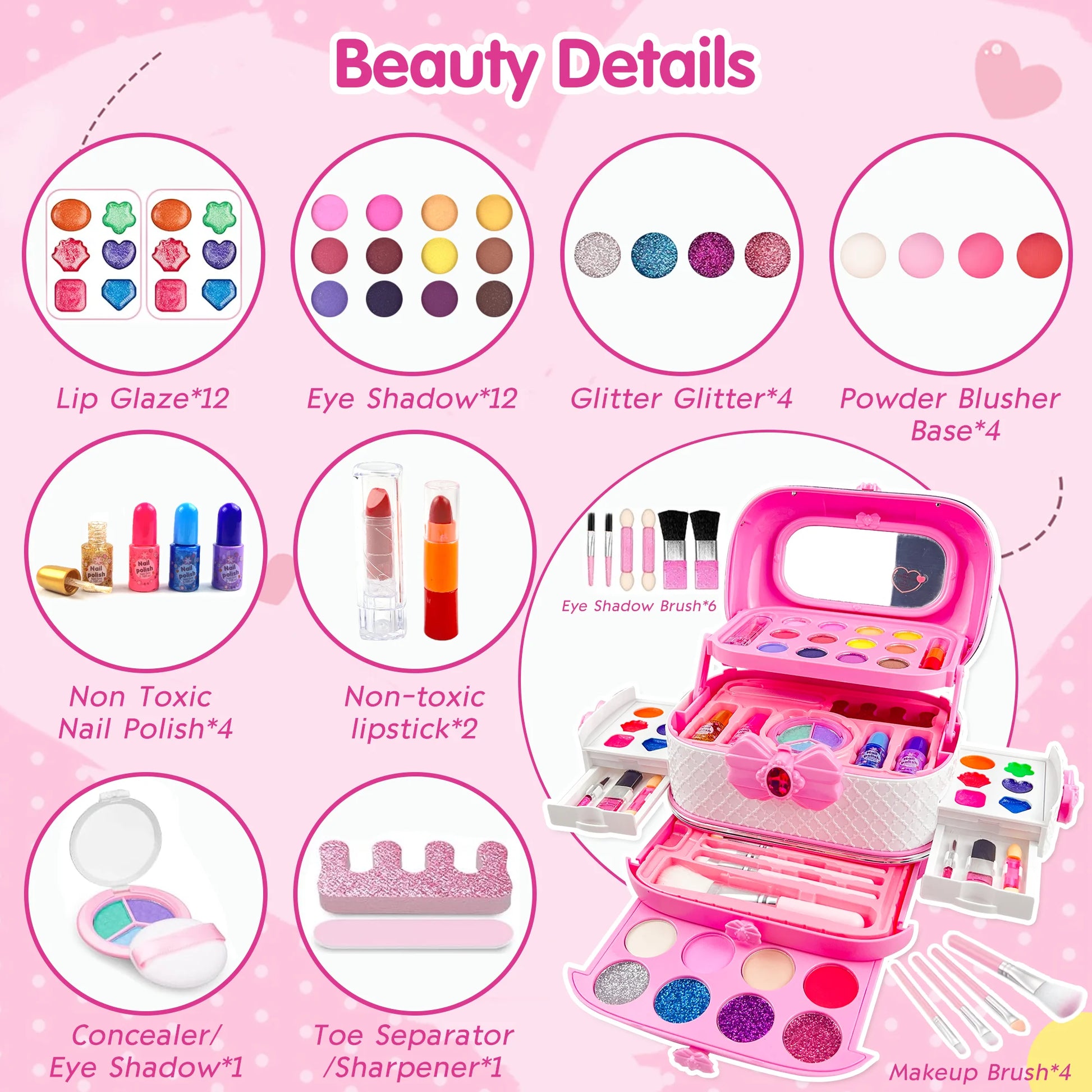Girls Makeup Toys Kit, 57 Pcs Pretend Play Makeup Toys for Kids with Real Cosmetic, Kids Makeup Set Toys for Girls 3-6 Year Christmas Birthday Gifts