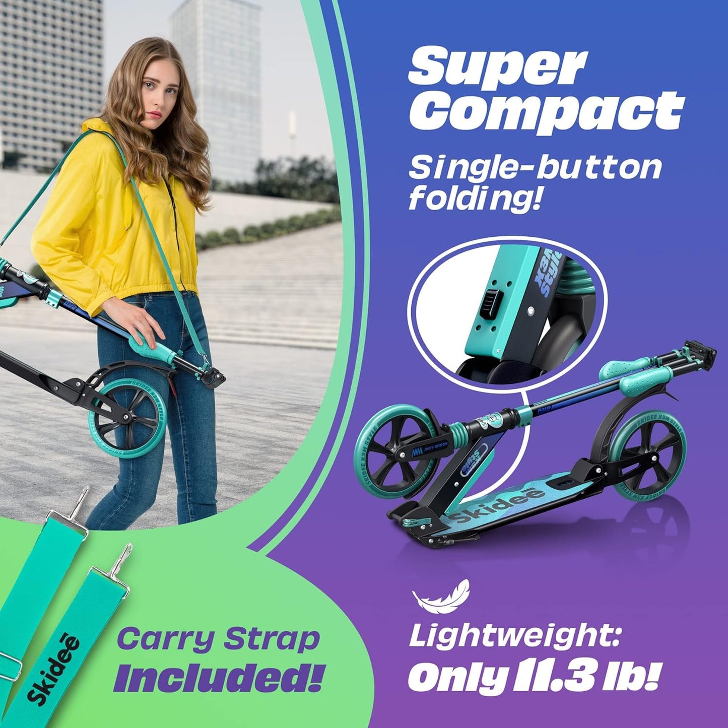 Adjustable Height Adult and Teen Scooter with Folding Design, Large Wheels, Lightweight Construction, Durable Anti-Shock Suspension, Supports up to 220 lbs