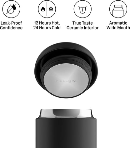 Carter Coffee Mug 16 Oz for Travel - Wide Mouth Vacuum-Insulated Stainless Steel Tea and Coffee Tumbler with Ceramic Interior - Matte Black