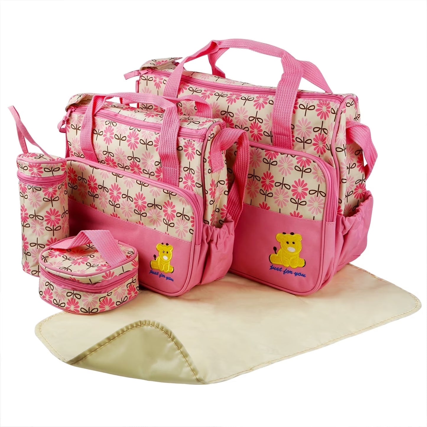 Sophisticated 5-Piece Insulated Baby Diaper Tote Set Featuring Messenger Bag, Handbag, and Food/Bottle Bag in Pink