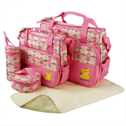 Sophisticated 5-Piece Insulated Baby Diaper Tote Set Featuring Messenger Bag, Handbag, and Food/Bottle Bag in Pink