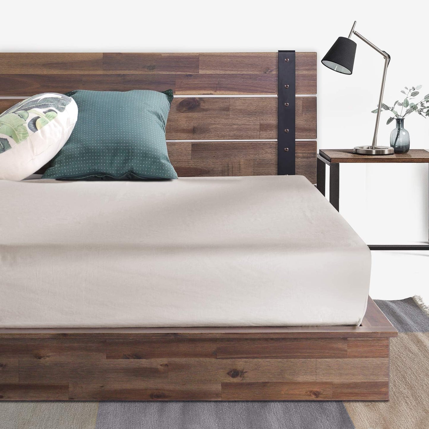 Brock Metal and Wood Platform Bed Frame, Solid Acaciawood Mattress Foundation, No Box Spring Needed, Easy Assembly, Queen
