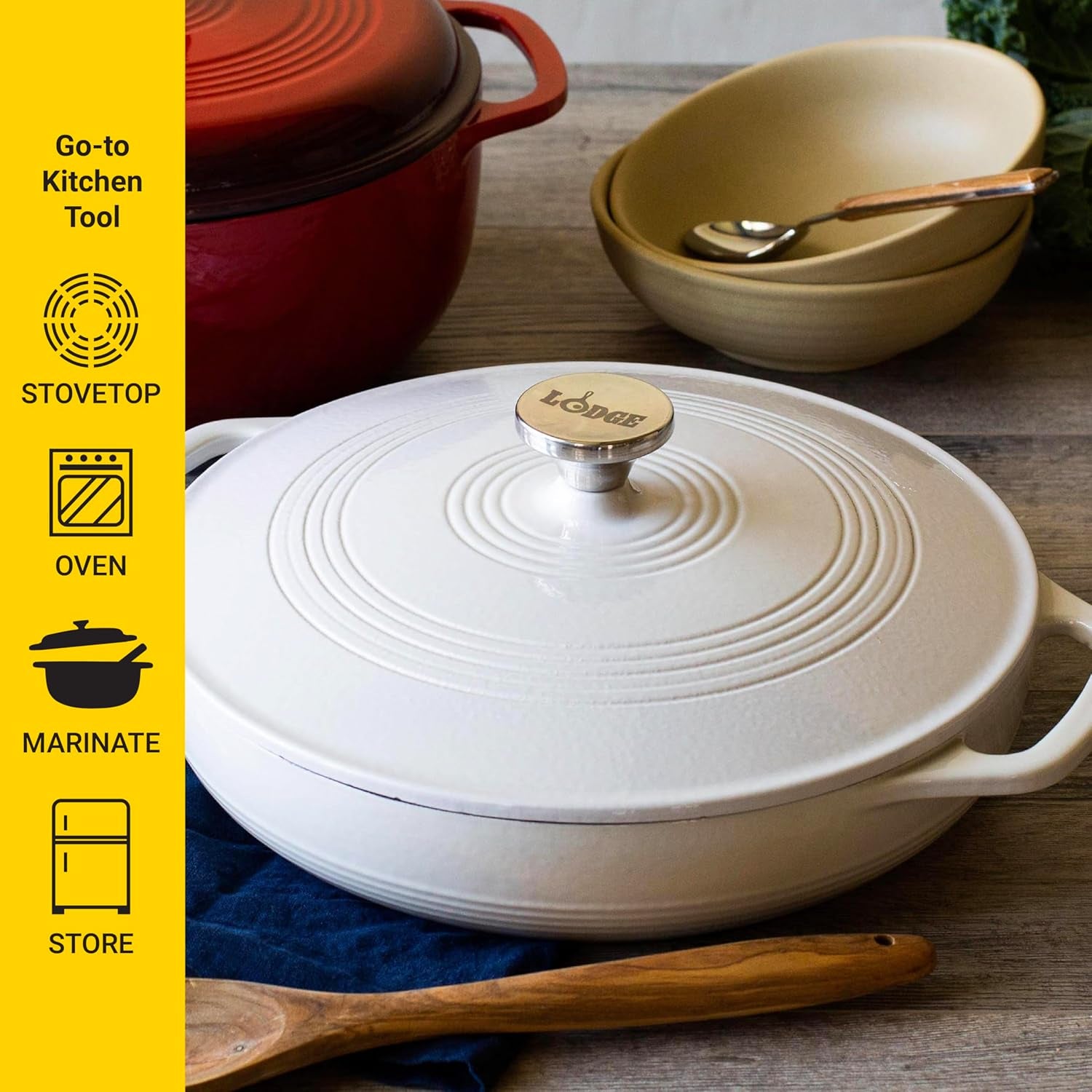 3.6 Quart Enameled Cast Iron round Casserole with Lid– Dual Handles – Oven Safe up to 500° F or on Stovetop - Use to Marinate, Cook, Bake, Refrigerate and Serve – Oyster White