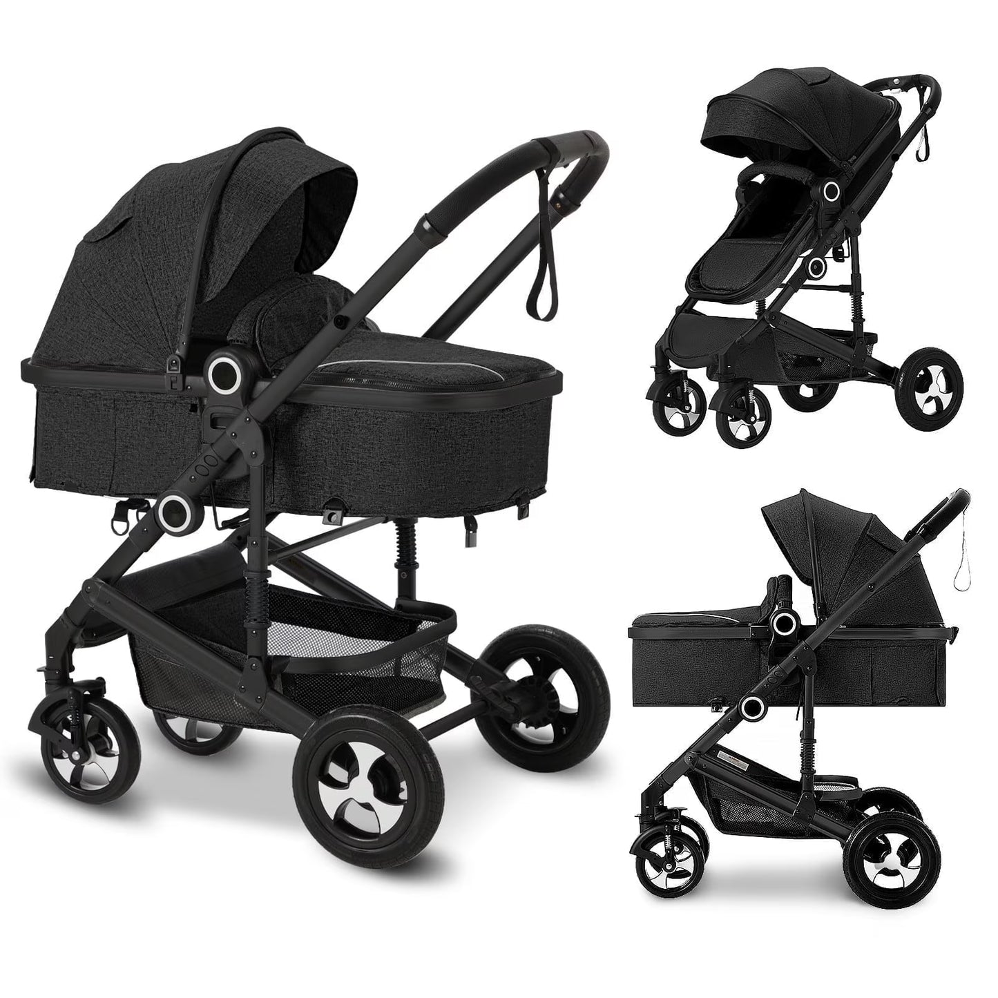3-in-1 Convertible Baby Stroller with Generous Seating and Adjustable Canopy, 24 lbs, Black