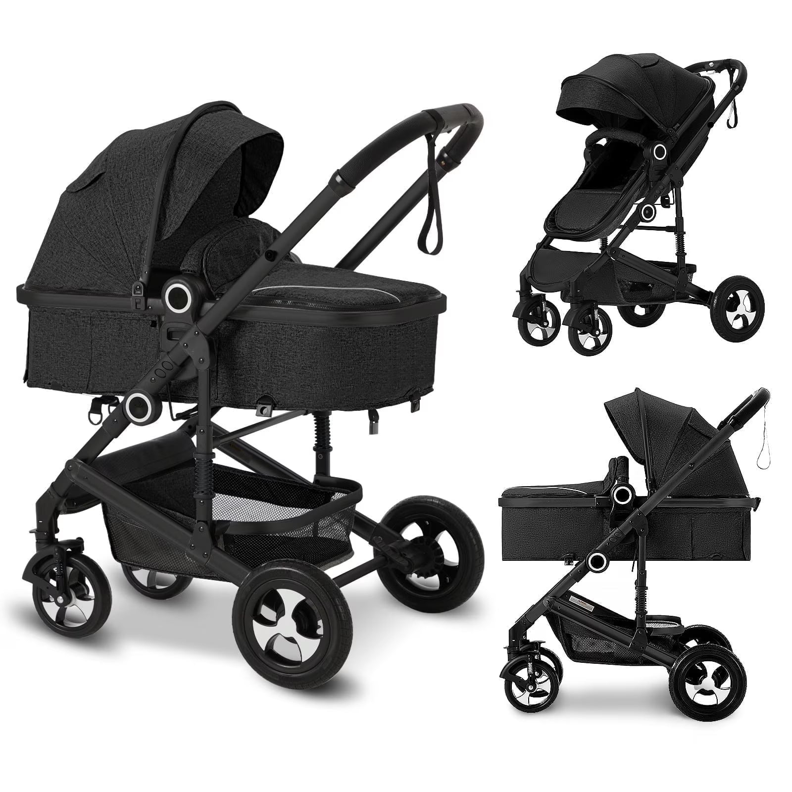 3-in-1 Convertible Baby Stroller with Generous Seating and Adjustable Canopy, 24 lbs, Black
