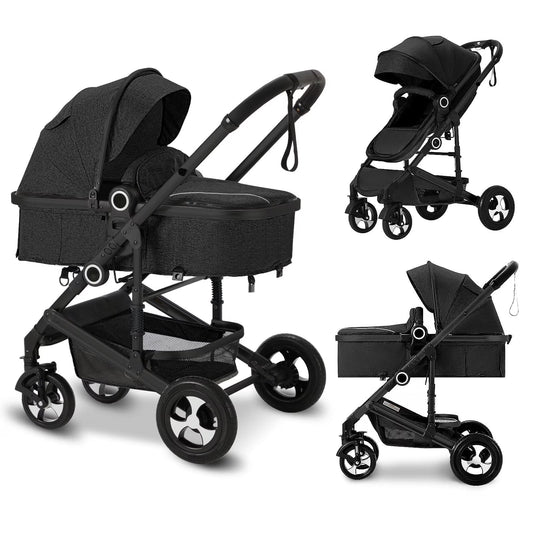 3-in-1 Convertible Baby Stroller with Generous Seating and Adjustable Canopy, 24 lbs, Black