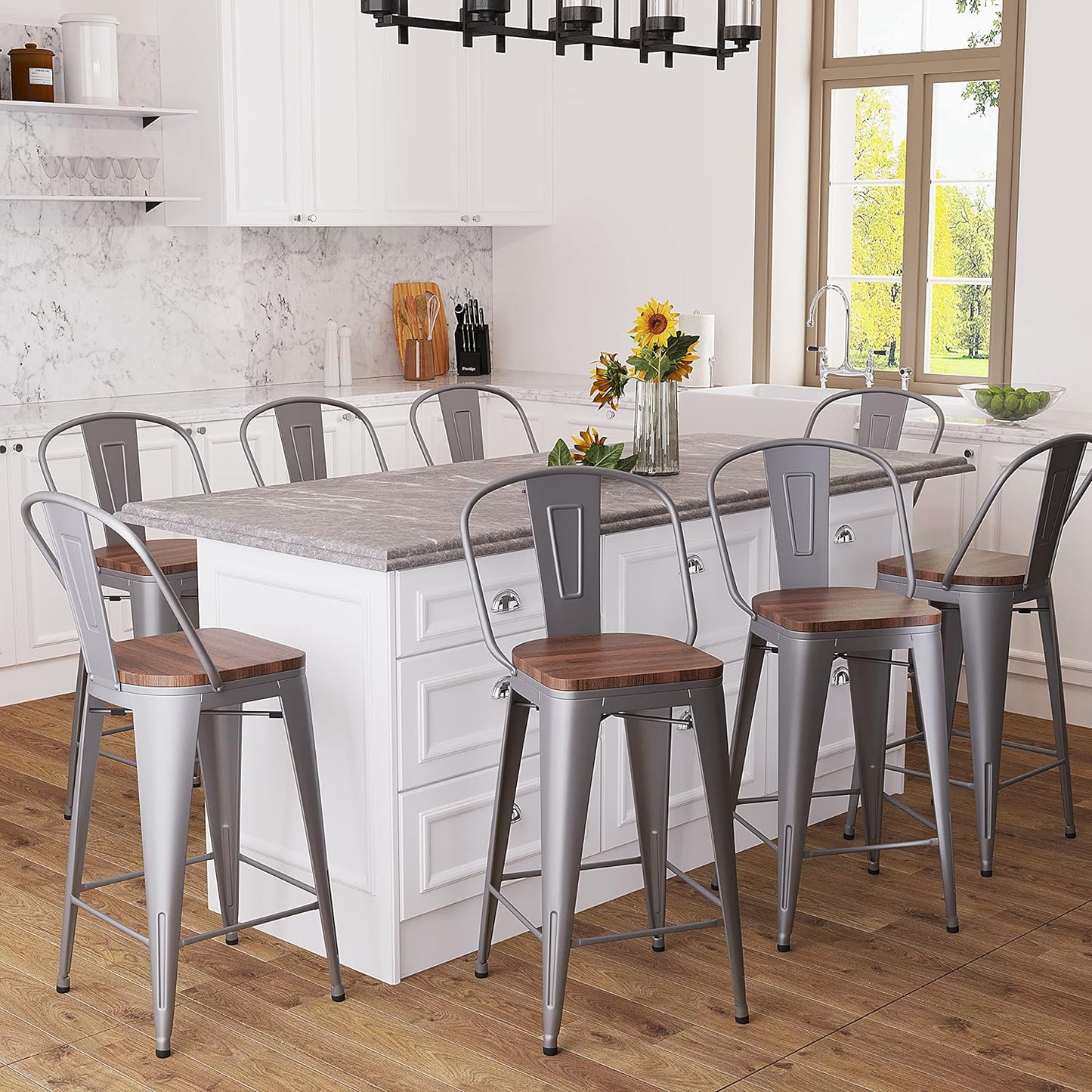 Set of 4 Metal Bar Stools, 24-Inch Counter Height with Backs, Farmhouse Design, Larger Seat, High Back Kitchen Dining Chairs, Modern Silver Bar Chairs