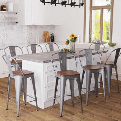Set of 4 Metal Bar Stools, 24-Inch Counter Height with Backs, Farmhouse Design, Larger Seat, High Back Kitchen Dining Chairs, Modern Silver Bar Chairs