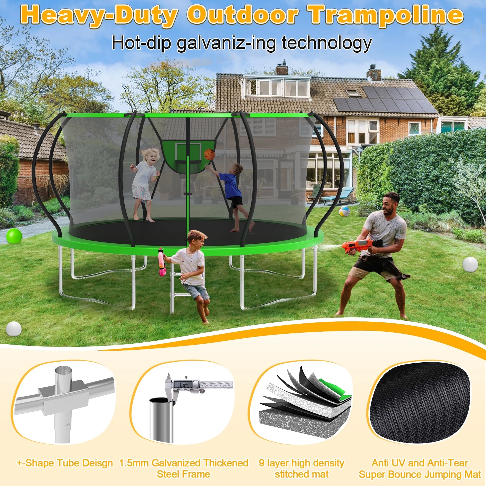 Trampoline, 1200LBS 12FT Trampoline for 1-2 Adults/ 4-5 Kids, Trampoline with Enclosure Net, Basketball Hoop, Ladder, Light, Sprinkler, Backyard Outdoor Heavy Duty Trampoline, No Gap Design