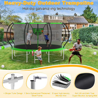 Trampoline, 1200LBS 12FT Trampoline for 1-2 Adults/ 4-5 Kids, Trampoline with Enclosure Net, Basketball Hoop, Ladder, Light, Sprinkler, Backyard Outdoor Heavy Duty Trampoline, No Gap Design