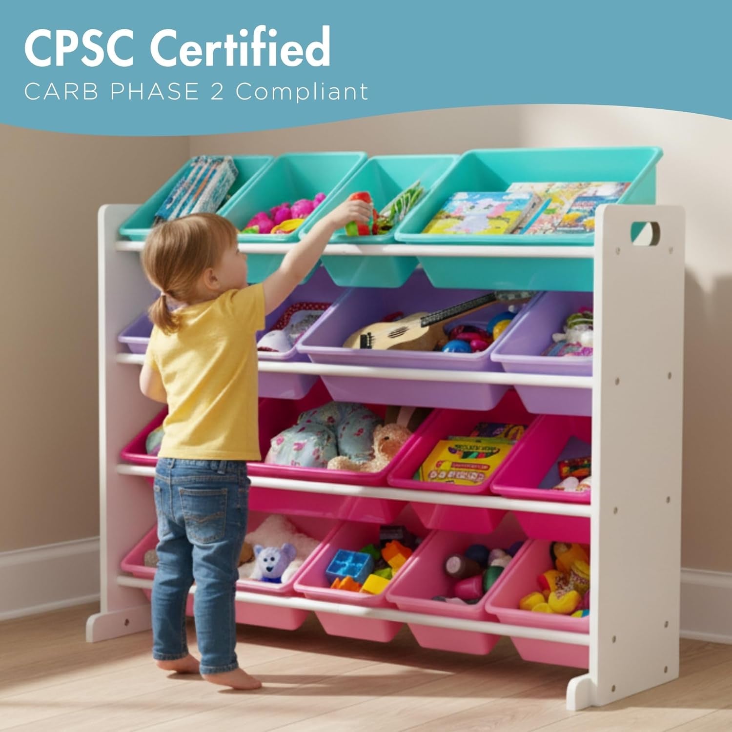 Large Toy Storage Organizer with 16 Removable Bins in White, Blue, Pink, and Purple - Ideal for Toddlers' Rooms, Playrooms, and Nurseries - Modern Design for Effective Toy Organization