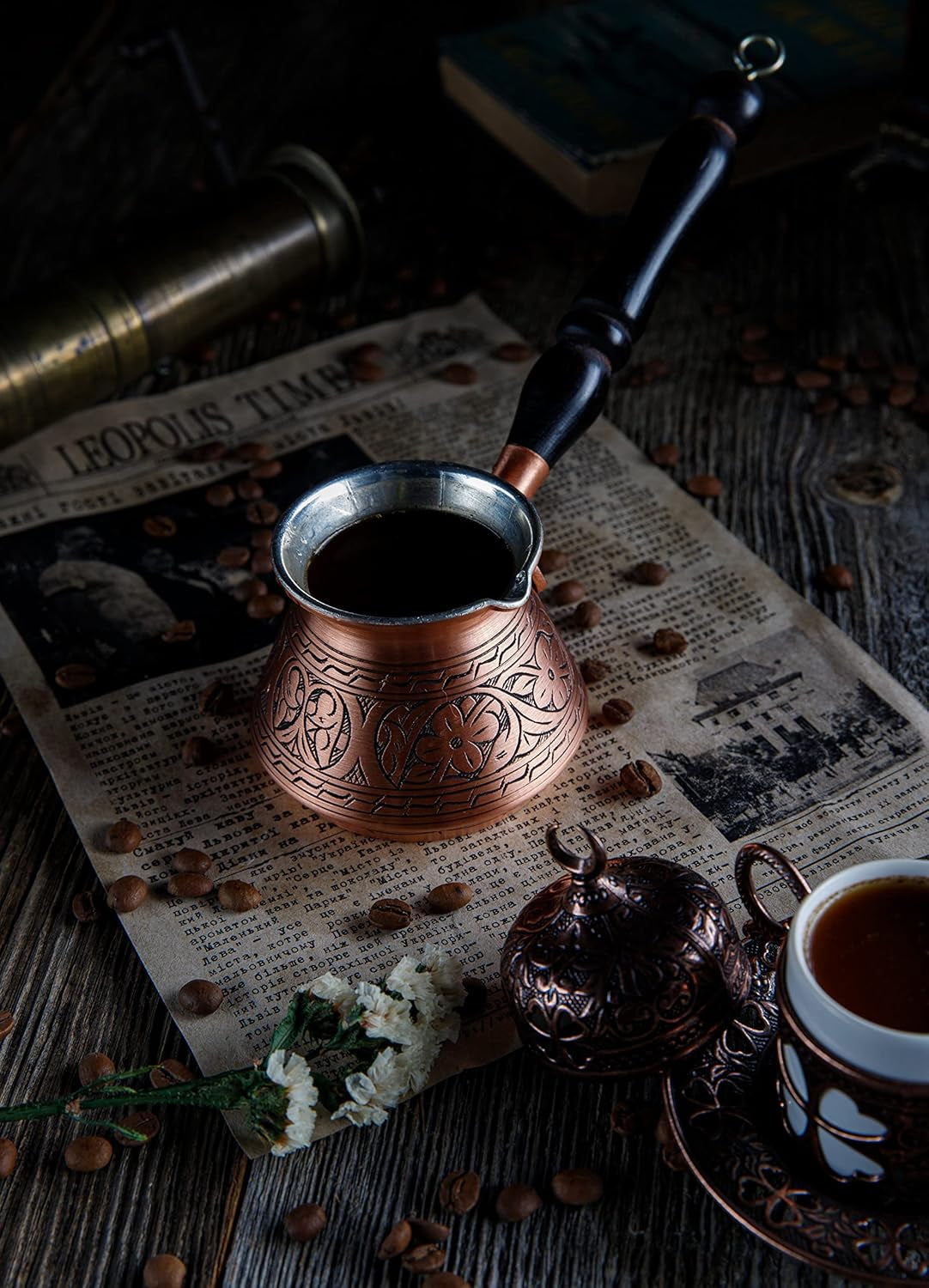 Thickest Copper Turkish Greek Arabic Coffee Pot, Stovetop Coffee Maker, Cezve Ibrik Briki with Wooden Handle & Spoon, Hand Engraved (Matte Copper, 9 Ounces)