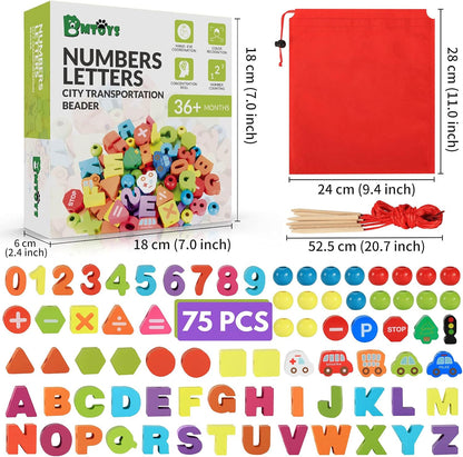 Wooden Alphabet and Number Lacing Beads - Montessori Educational Toy for Ages 3-6, Ideal Birthday Gift for Boys and Girls