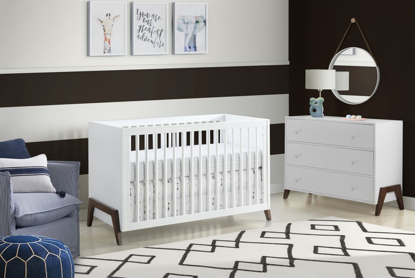 Mari Modern 3-in-1 Convertible Crib Island in White and Walnut Finish