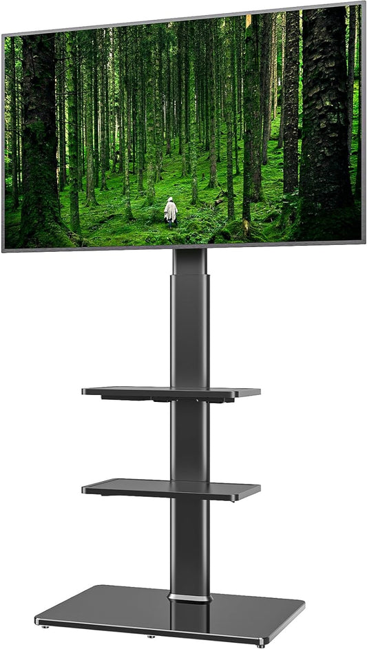 Universal Floor TV Stand with Mount for 19 to 43 Inch Flat Screen TV, 100 Degree Swivel,Adjustable Height and Tilt Function, 3 Shelves Space Saving Standing TV Mount for Bedroom Living Room Corner