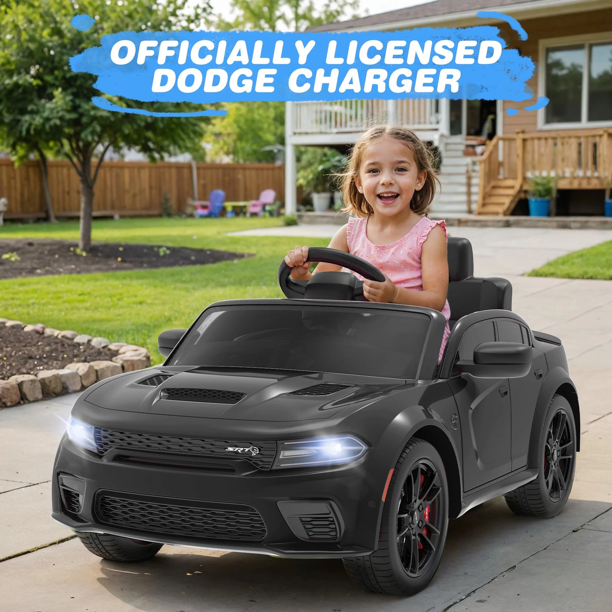 Dodge Licensed 12V Electric Ride-On Car for Kids - Charger SRT Hellcat with Parental Remote Control, Music Player, LED Lights, and Safety Belt, Black