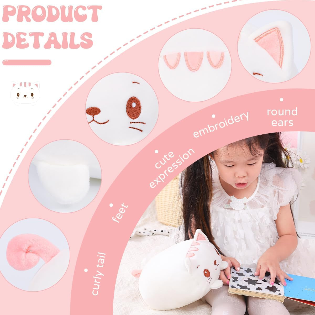 23.6-Inch Ultra-Soft Plush White Cat Cylindrical Body Pillow - Perfect Cartoon Hugging Companion
