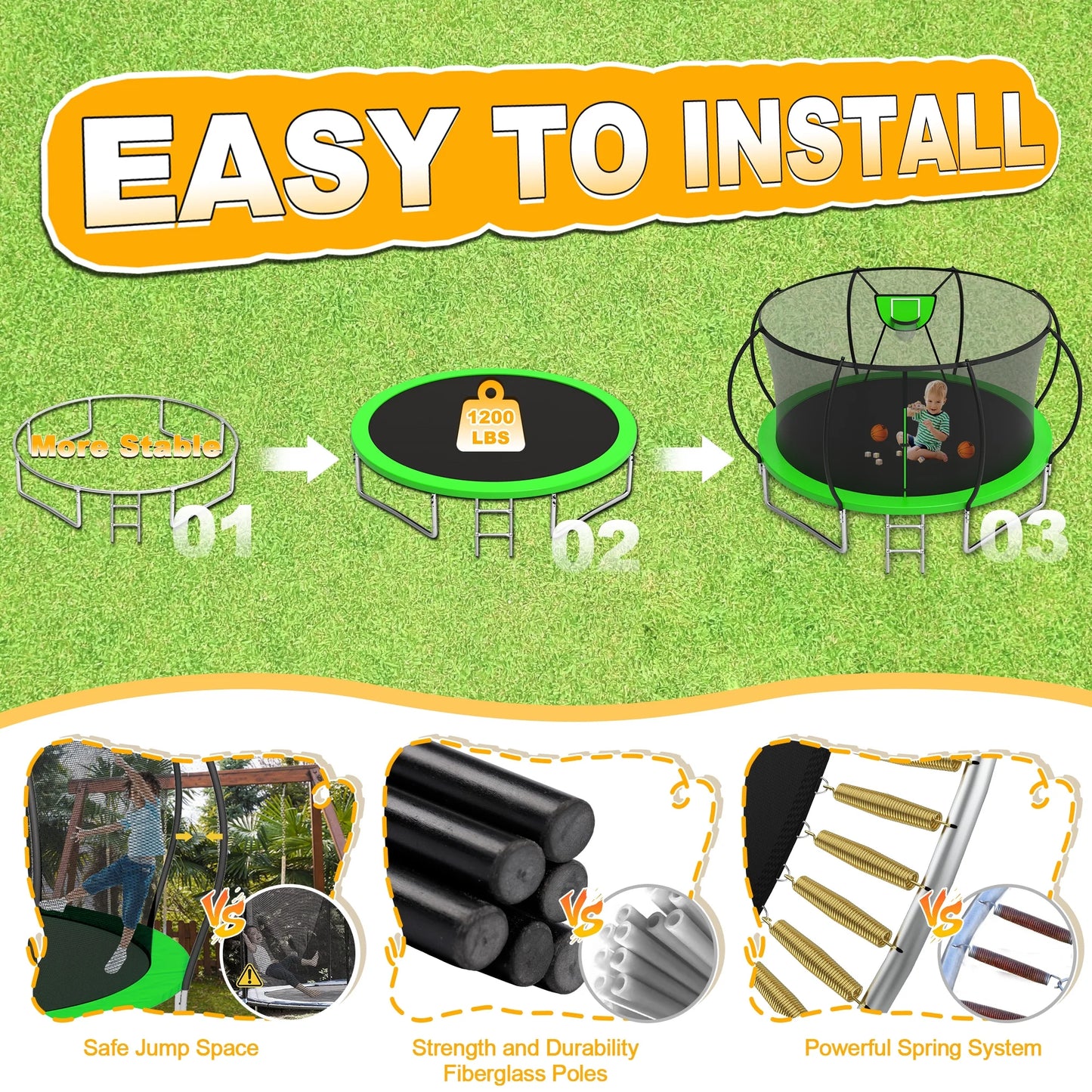 Trampoline, 1200LBS 12FT Trampoline for 1-2 Adults/ 4-5 Kids, Trampoline with Enclosure Net, Basketball Hoop, Ladder, Light, Sprinkler, Backyard Outdoor Heavy Duty Trampoline, No Gap Design