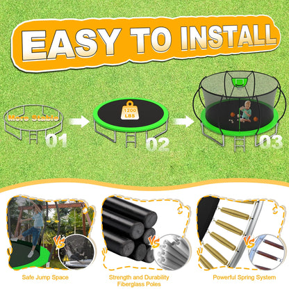 Trampoline, 1200LBS 12FT Trampoline for 1-2 Adults/ 4-5 Kids, Trampoline with Enclosure Net, Basketball Hoop, Ladder, Light, Sprinkler, Backyard Outdoor Heavy Duty Trampoline, No Gap Design