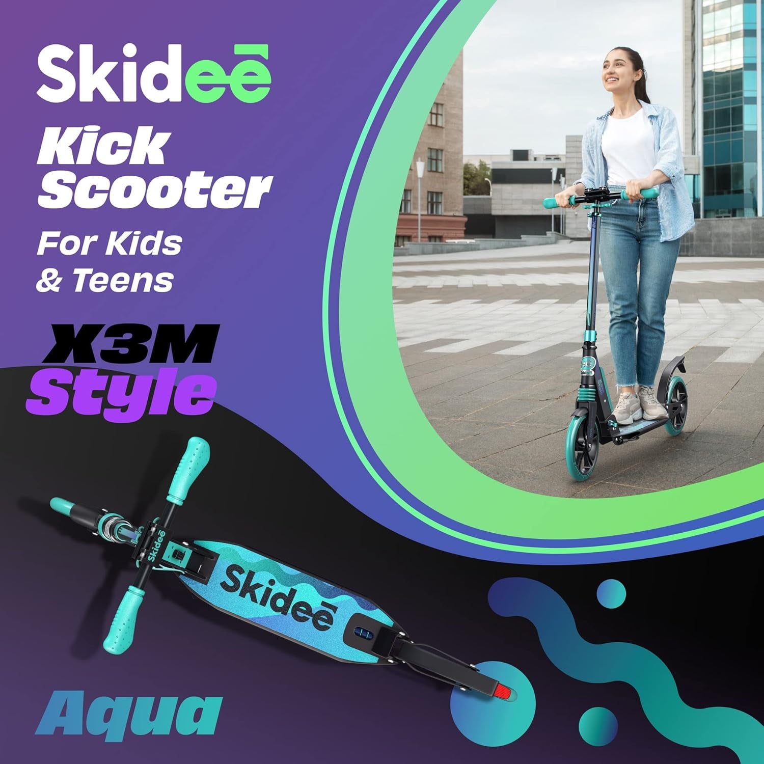 Adjustable Height Adult and Teen Scooter with Folding Design, Large Wheels, Lightweight Construction, Durable Anti-Shock Suspension, Supports up to 220 lbs