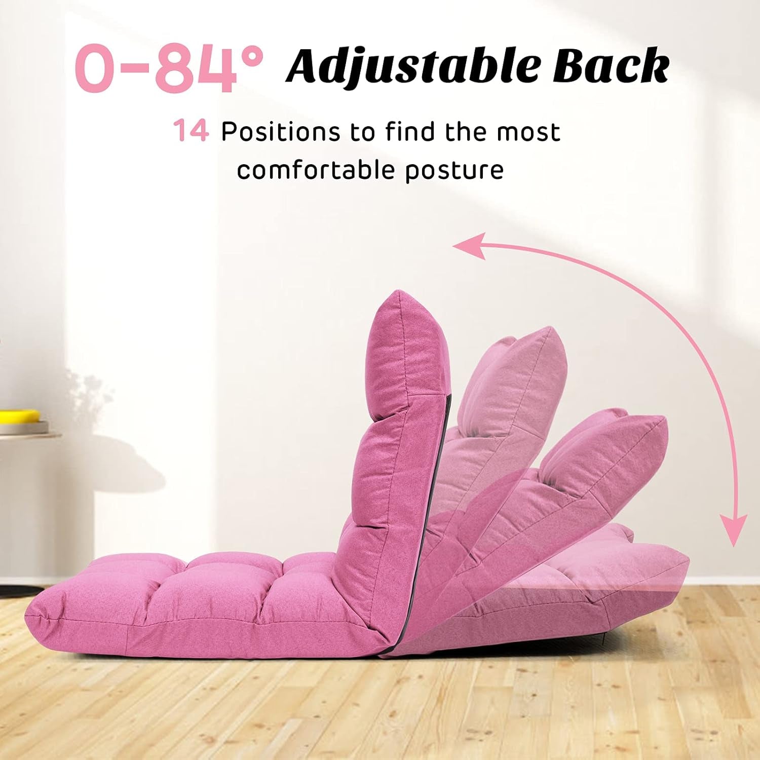 Adjustable 14-Position Gaming Sofa Chair with Cushioned Folding Recliner, High Resilience Sponge, Breathable Cotton and Linen Fabric, Removable Cover - Pink