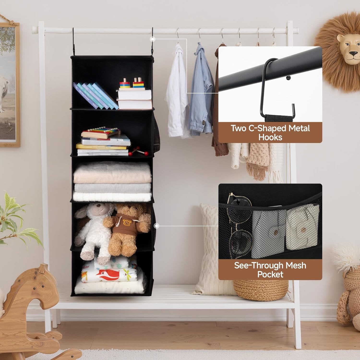 5-Shelf Hanging Closet Organizers, Foldable Closet Storage Organizer with 2 Side Pockets, Portable Hanging Shelves for Clothes, Sweater, Towels, 12 1⁄2" D X 15" W X 48" H, Black