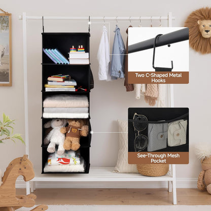 5-Shelf Hanging Closet Organizers, Foldable Closet Storage Organizer with 2 Side Pockets, Portable Hanging Shelves for Clothes, Sweater, Towels, 12 1⁄2" D X 15" W X 48" H, Black